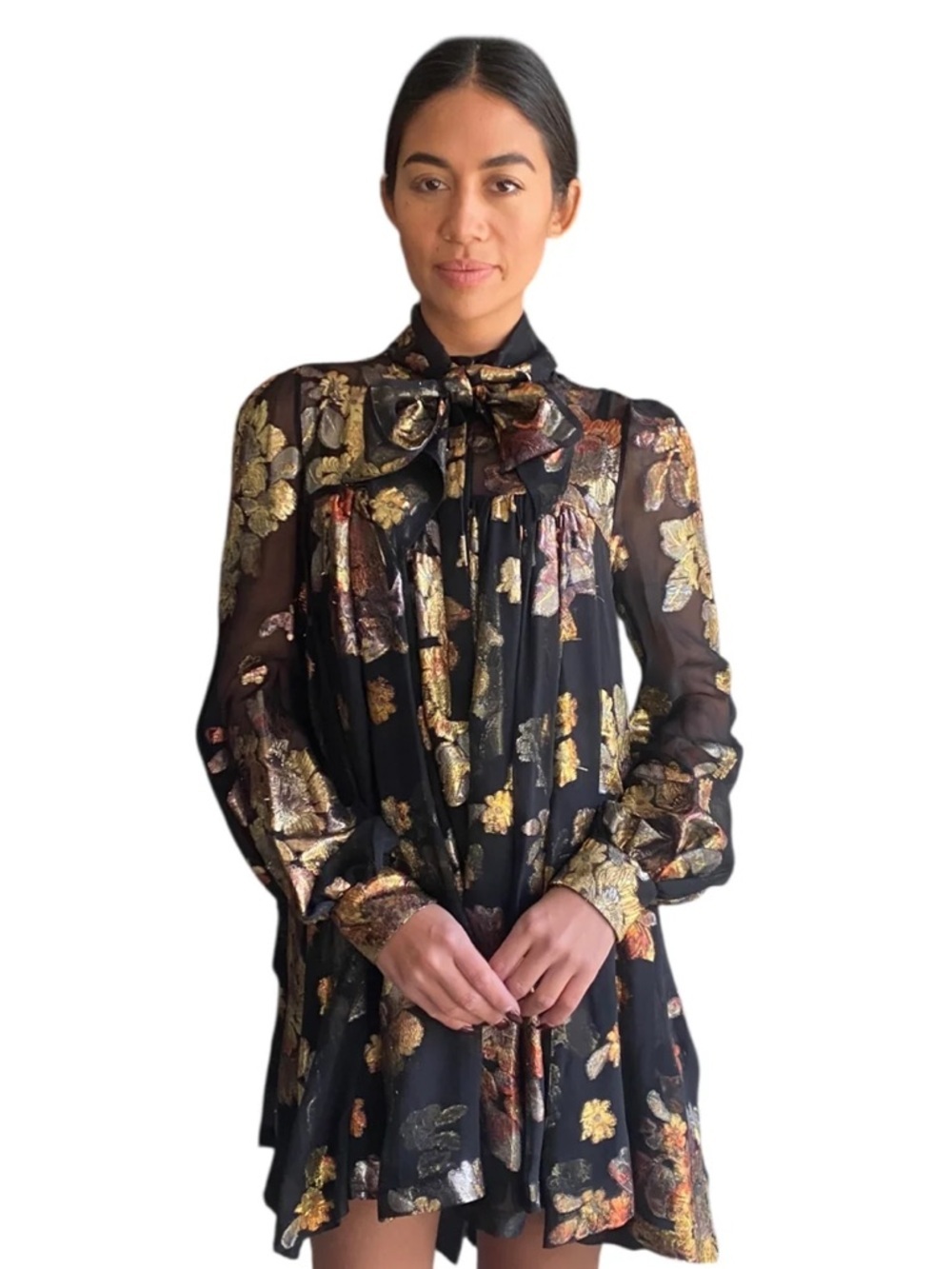 😮Saint Laurent Black Floral Silk Jacquard Mini Flared Dress - 40